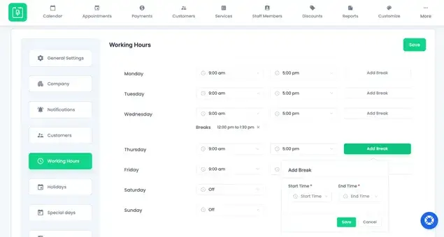 working hours settings