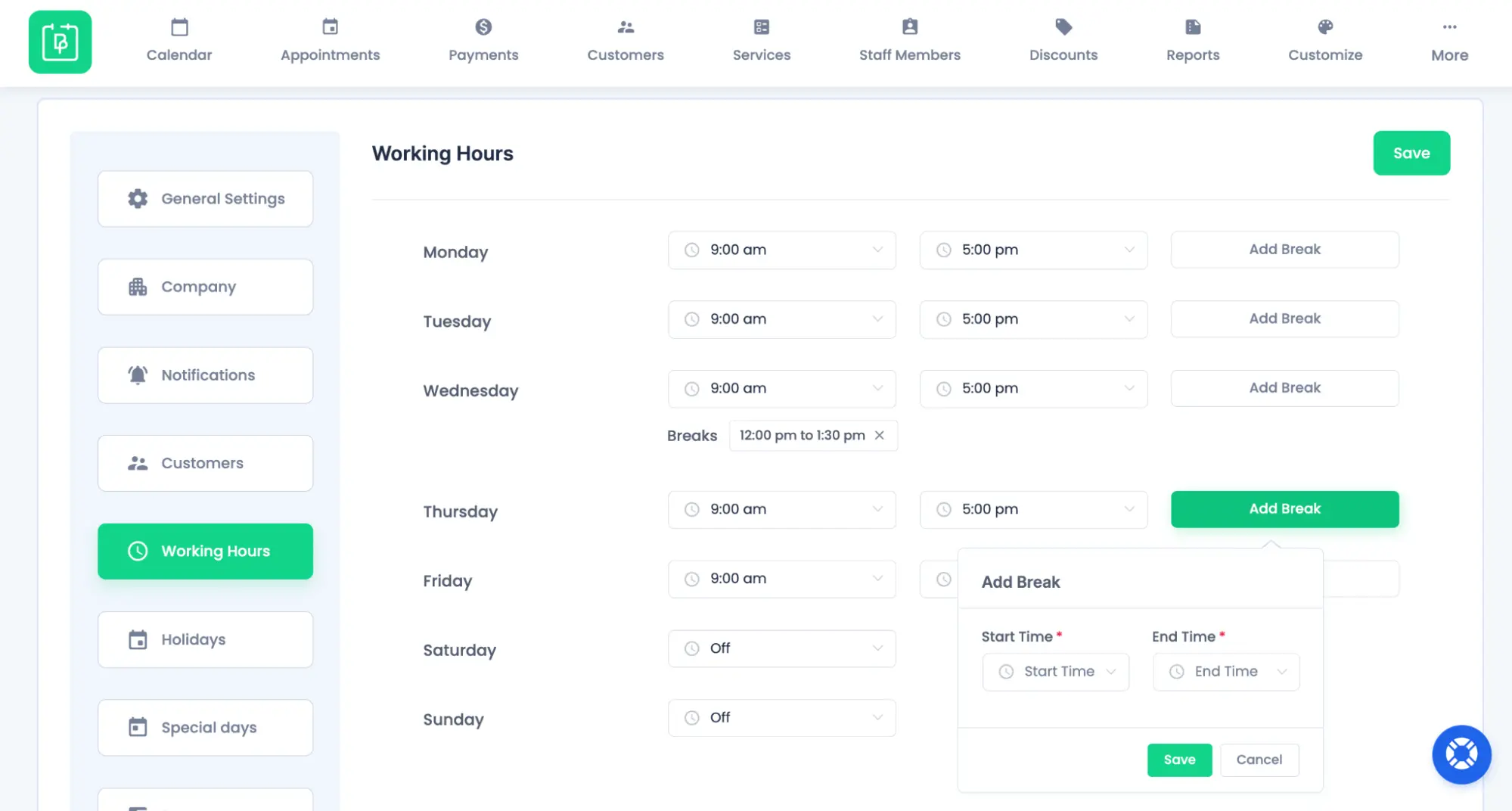 working hours settings