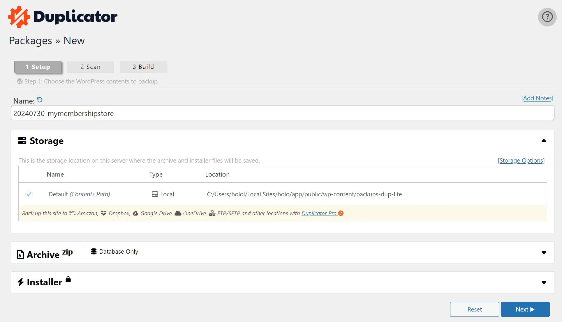 Duplicator settings page