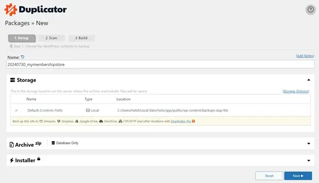 Duplicator settings page