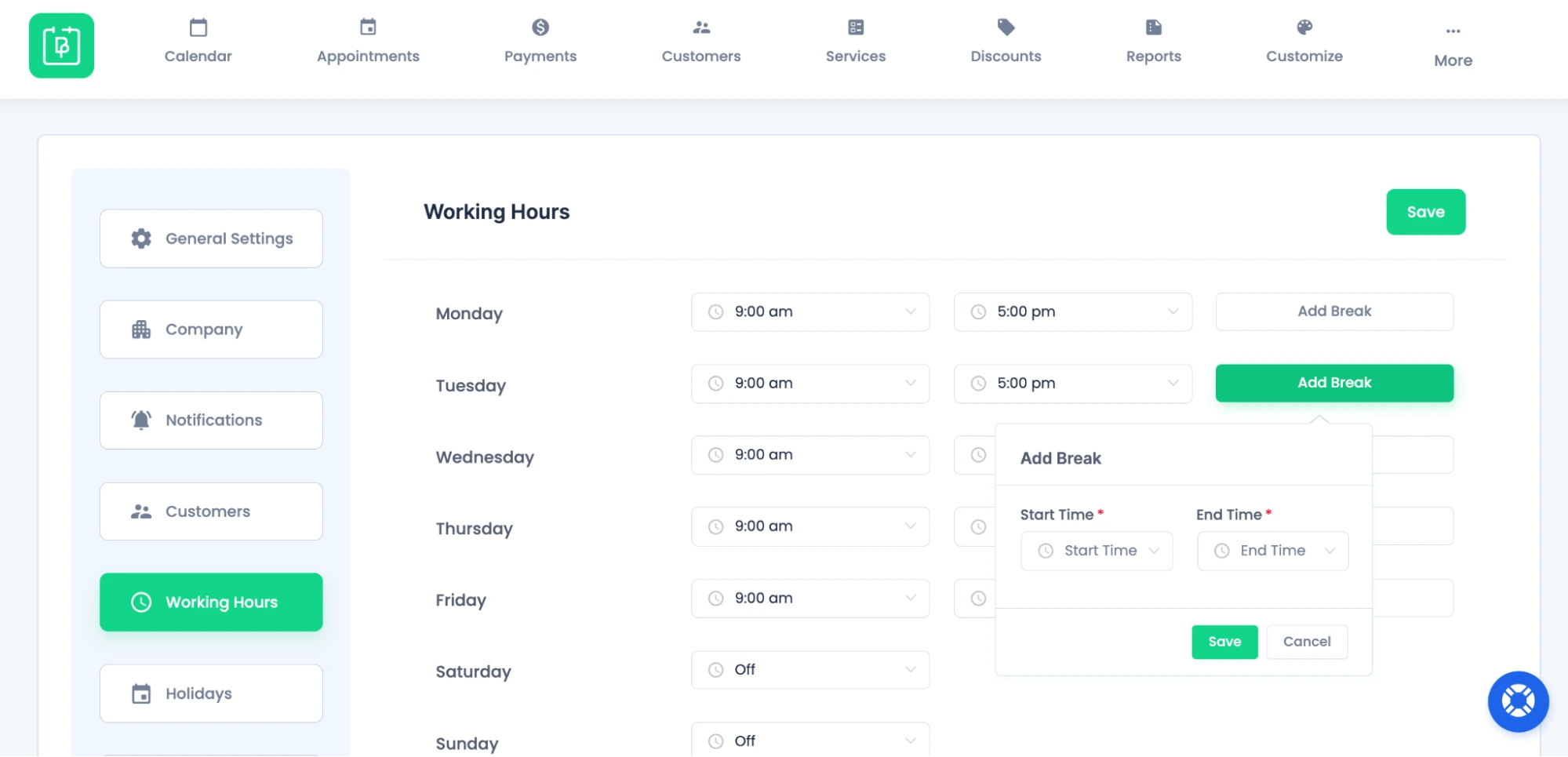 Working hours setting